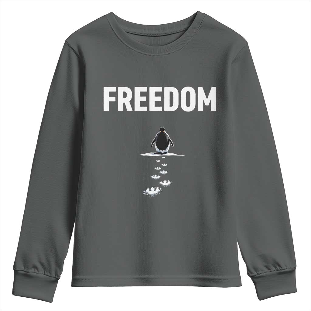 Penguin Freedom Youth Sweatshirt Funny Nihilist Penguin Hiking Mountains TS14 Dark Heather Print Your Wear