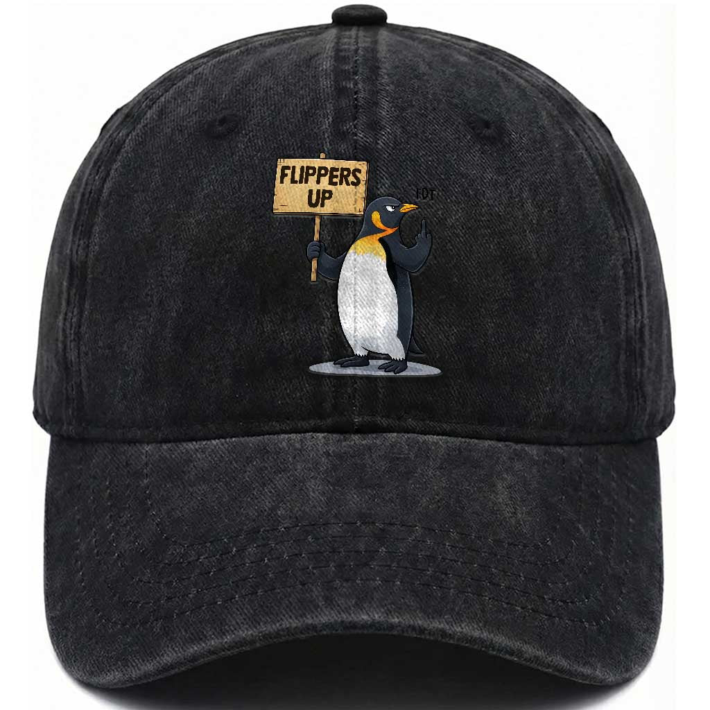 Penguins Resist Washed Cotton Baseball Cap Flippers Up Protest TS14 Washed Cap Universal Fit Black Print Your Wear