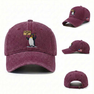 Penguins Resist Washed Cotton Baseball Cap Flippers Up Protest TS14 Washed Cap Universal Fit Burgundy Print Your Wear