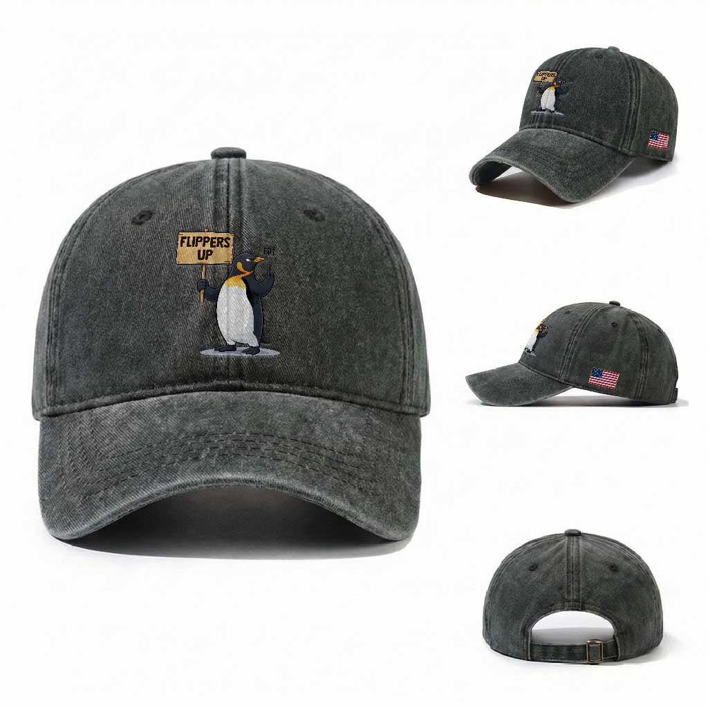 Penguins Resist Washed Cotton Baseball Cap Flippers Up Protest TS14 Washed Cap Universal Fit Dark Green Print Your Wear
