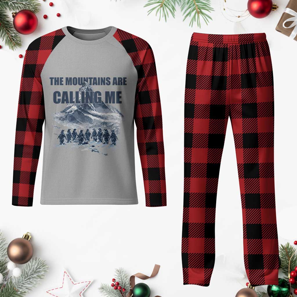 Funny Nihilist Penguin Hiking Plaid Pajama Set The Mountains Are Calling Me TS14 Buffalo Plaid Print Your Wear