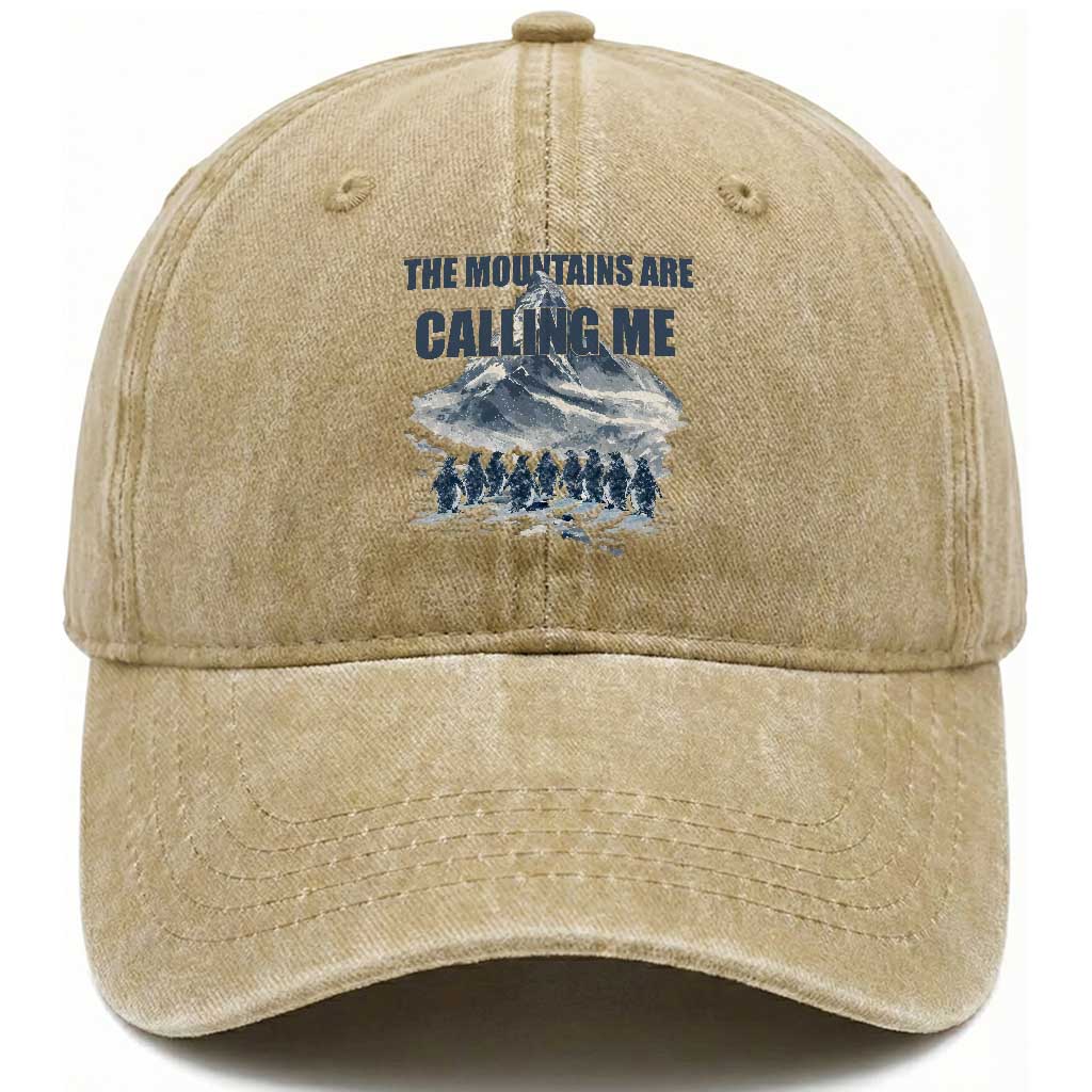 Funny Nihilist Penguin Hiking Washed Cotton Baseball Cap The Mountains Are Calling Me TS14 Washed Cap Universal Fit Khaki Print Your Wear