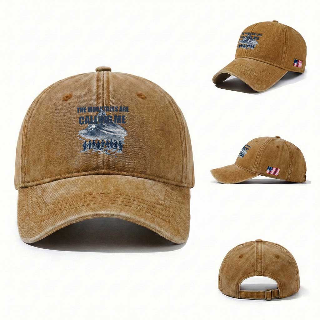 Funny Nihilist Penguin Hiking Washed Cotton Baseball Cap The Mountains Are Calling Me TS14 Washed Cap Universal Fit Yellow Ochre Print Your Wear