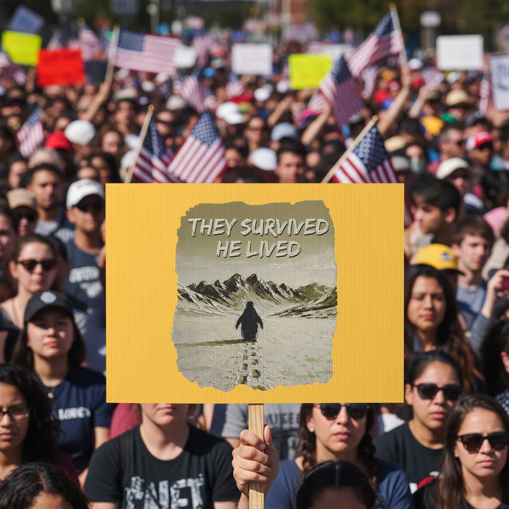 Nihilist Penguin Hiking Meme Protest Sign They Survived He Lived TS14 Horizontal 18