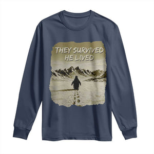 Nihilist Penguin Hiking Meme Long Sleeve Shirt They Survived He Lived TS14 Navy Print Your Wear