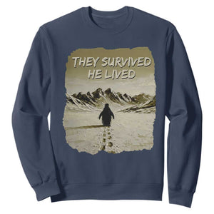 Nihilist Penguin Hiking Meme Sweatshirt They Survived He Lived TS14 Navy Print Your Wear