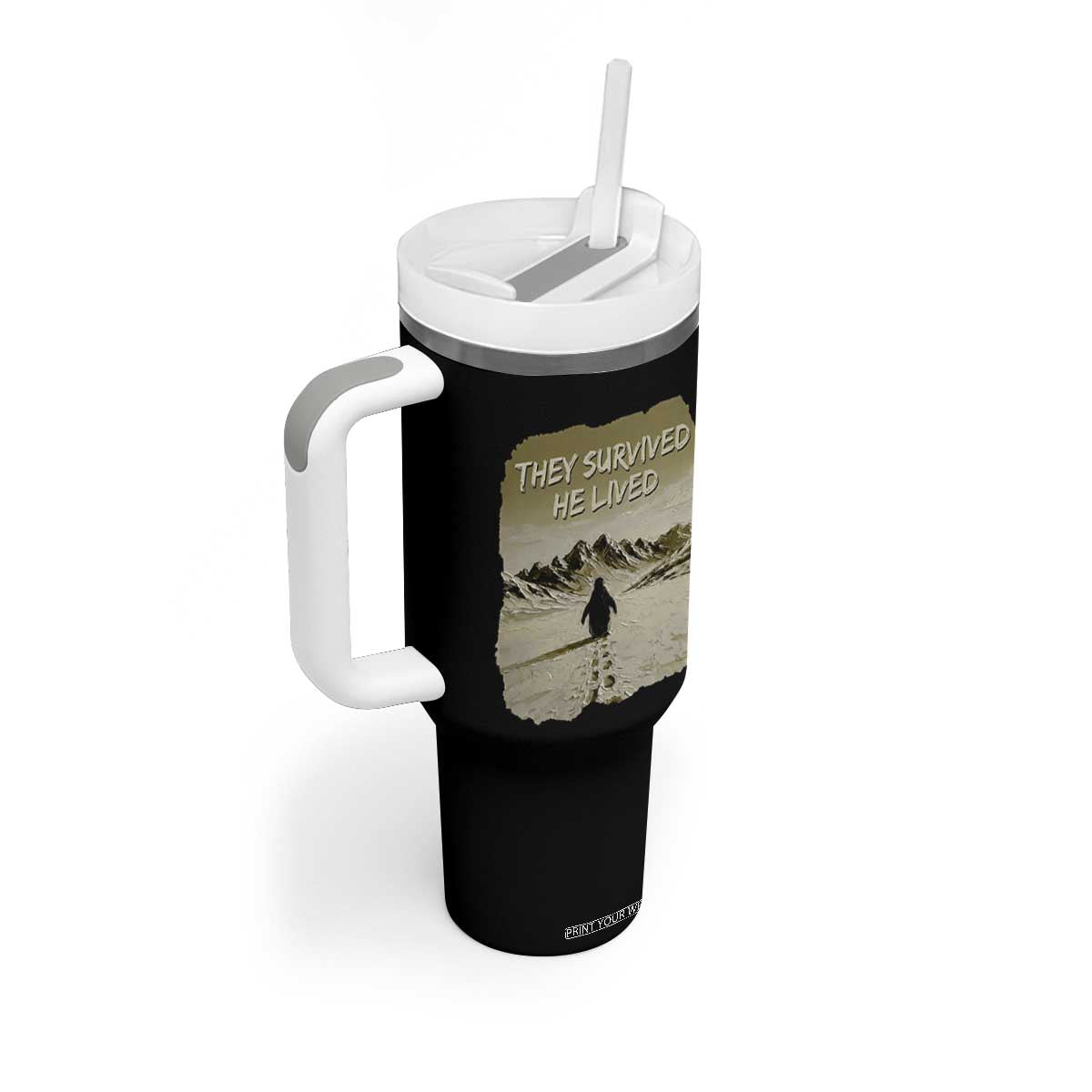 Nihilist Penguin Hiking Meme Tumbler With Handle They Survived He Lived TS14 Print Your Wear