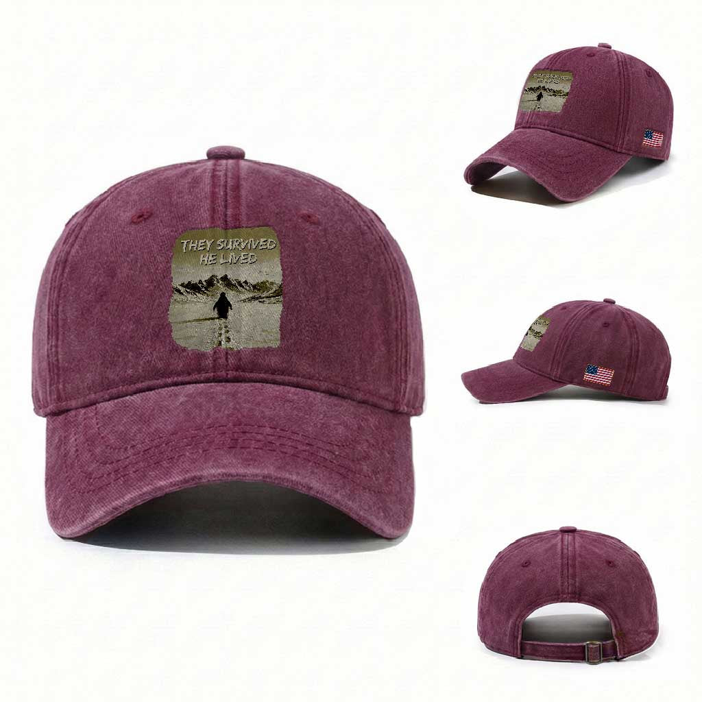 Nihilist Penguin Hiking Meme Washed Cotton Baseball Cap They Survived He Lived TS14 Washed Cap Universal Fit Burgundy Print Your Wear