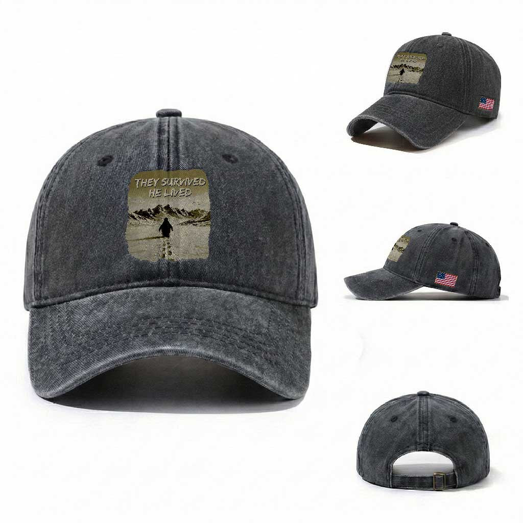 Nihilist Penguin Hiking Meme Washed Cotton Baseball Cap They Survived He Lived TS14 Washed Cap Universal Fit Dark Gray Print Your Wear