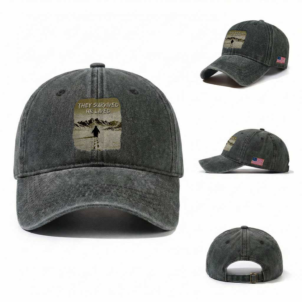 Nihilist Penguin Hiking Meme Washed Cotton Baseball Cap They Survived He Lived TS14 Washed Cap Universal Fit Dark Green Print Your Wear