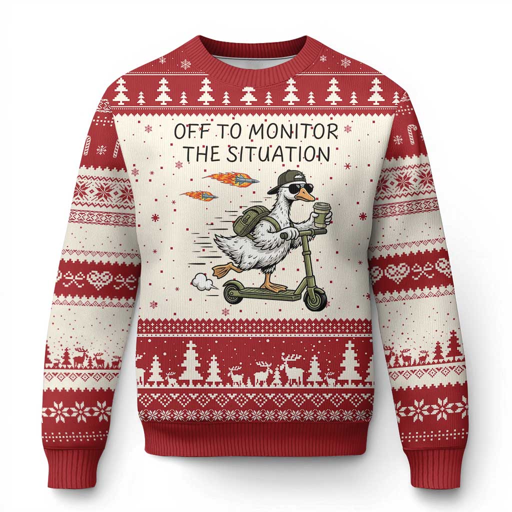 Funny Goose Support Freedom Meme Ugly Christmas Sweater Off To Monitor The Situation TS14 Beige Red Print Your Wear