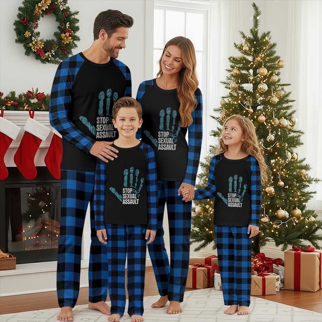 Stop Sexual Assault Plaid Pajama Set Teal Ribbon Hand TS14 Blue Plaid Print Your Wear