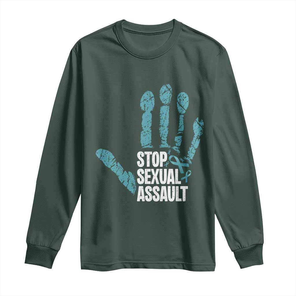 Stop Sexual Assault Long Sleeve Shirt Teal Ribbon Hand TS14 Dark Forest Green Print Your Wear