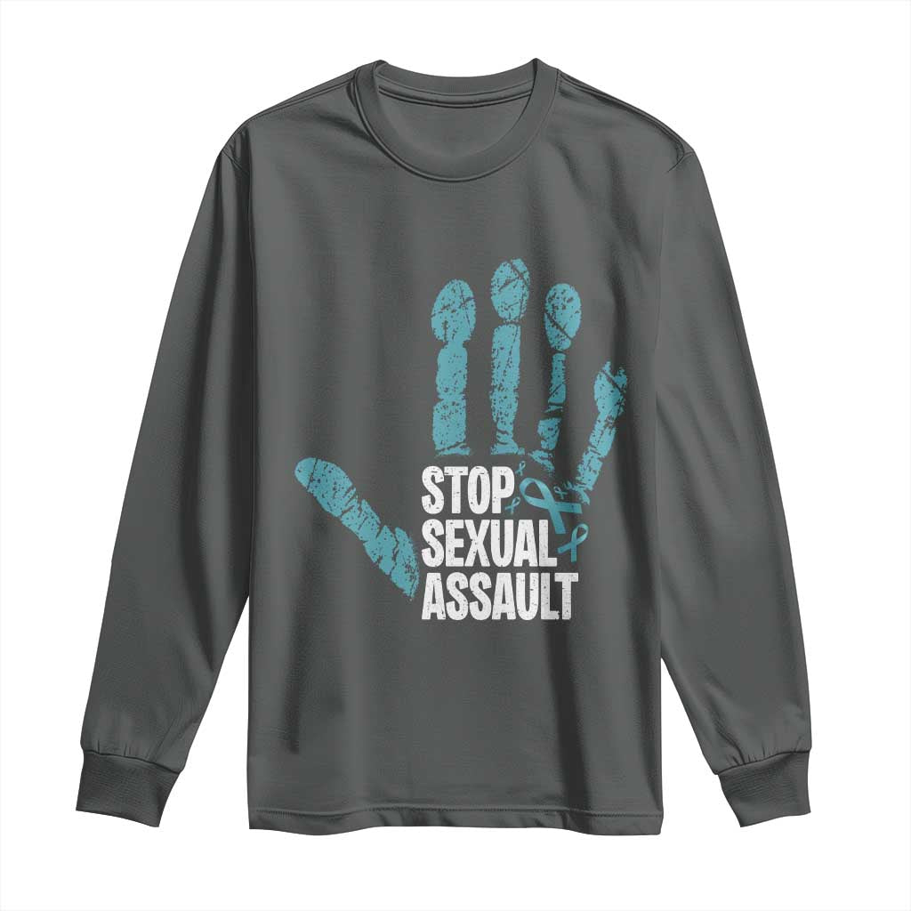 Stop Sexual Assault Long Sleeve Shirt Teal Ribbon Hand TS14 Dark Heather Print Your Wear