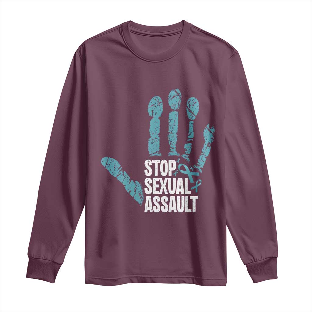 Stop Sexual Assault Long Sleeve Shirt Teal Ribbon Hand TS14 Maroon Print Your Wear