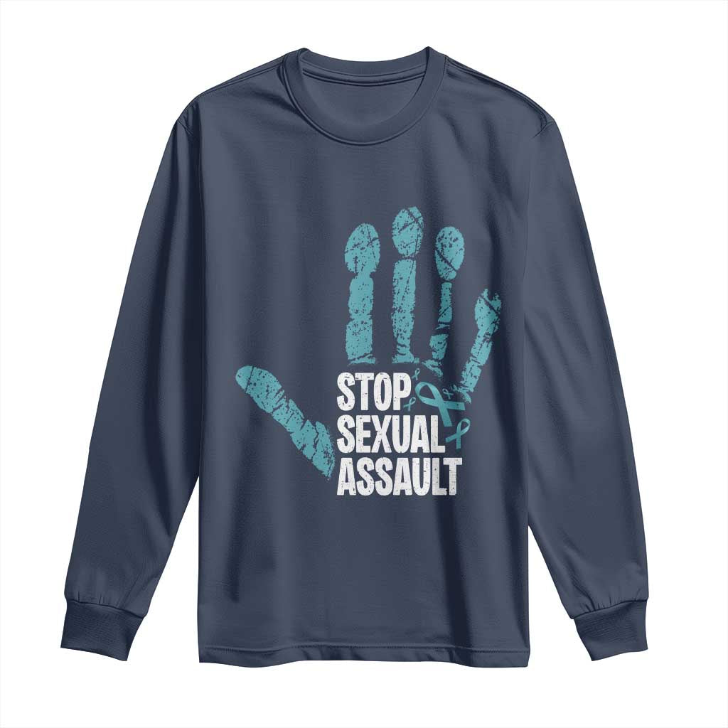 Stop Sexual Assault Long Sleeve Shirt Teal Ribbon Hand TS14 Navy Print Your Wear