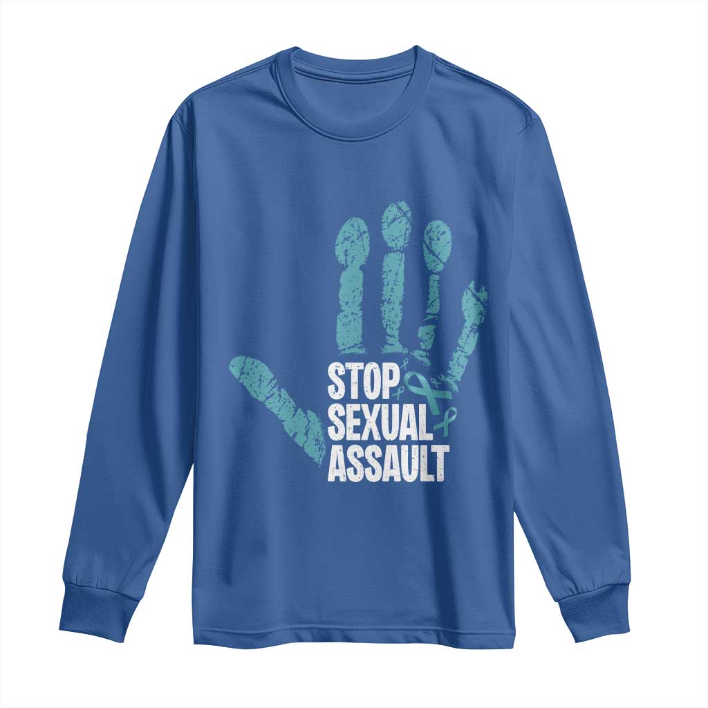 Stop Sexual Assault Long Sleeve Shirt Teal Ribbon Hand TS14 Royal Blue Print Your Wear