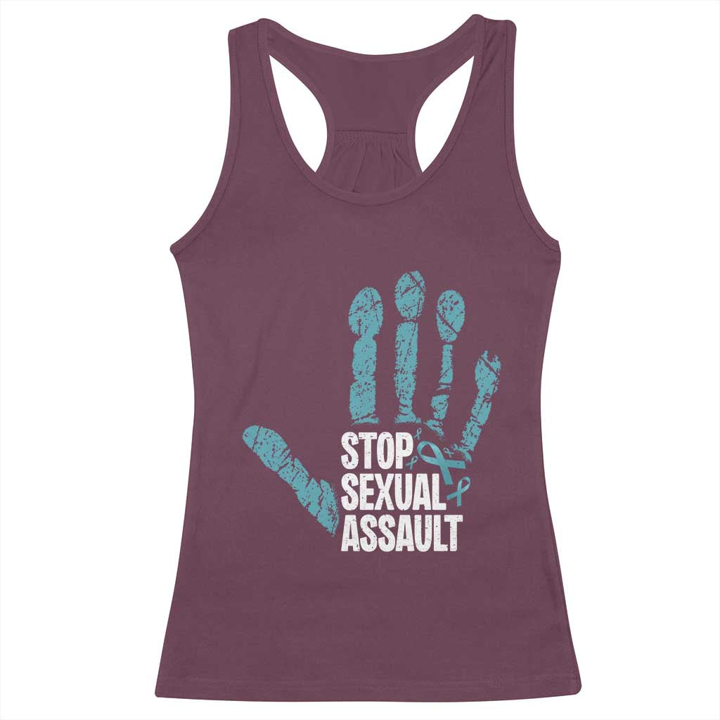 Stop Sexual Assault Racerback Tank Top Teal Ribbon Hand TS14 Maroon Print Your Wear