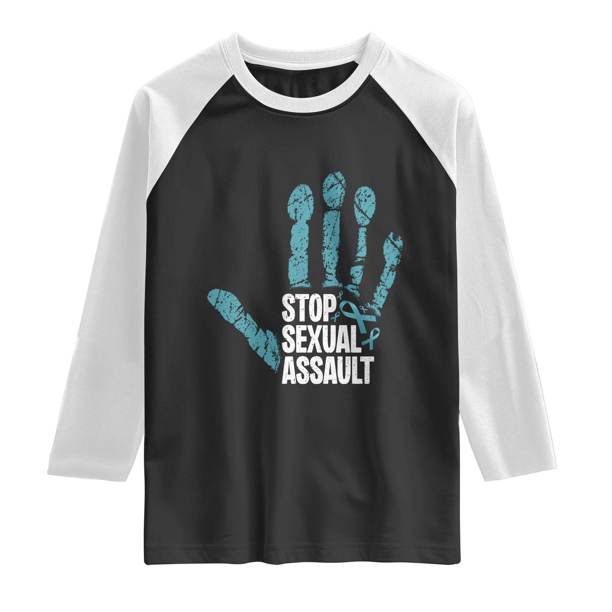 Stop Sexual Assault Raglan Shirt Teal Ribbon Hand TS14 Black White Print Your Wear