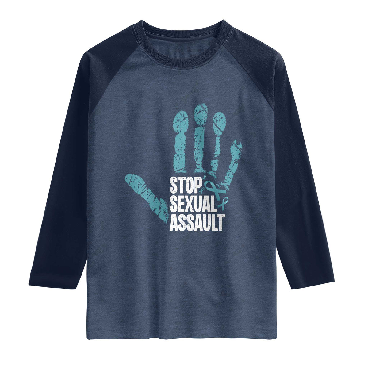 Stop Sexual Assault Raglan Shirt Teal Ribbon Hand TS14 Heather Denim Navy Print Your Wear