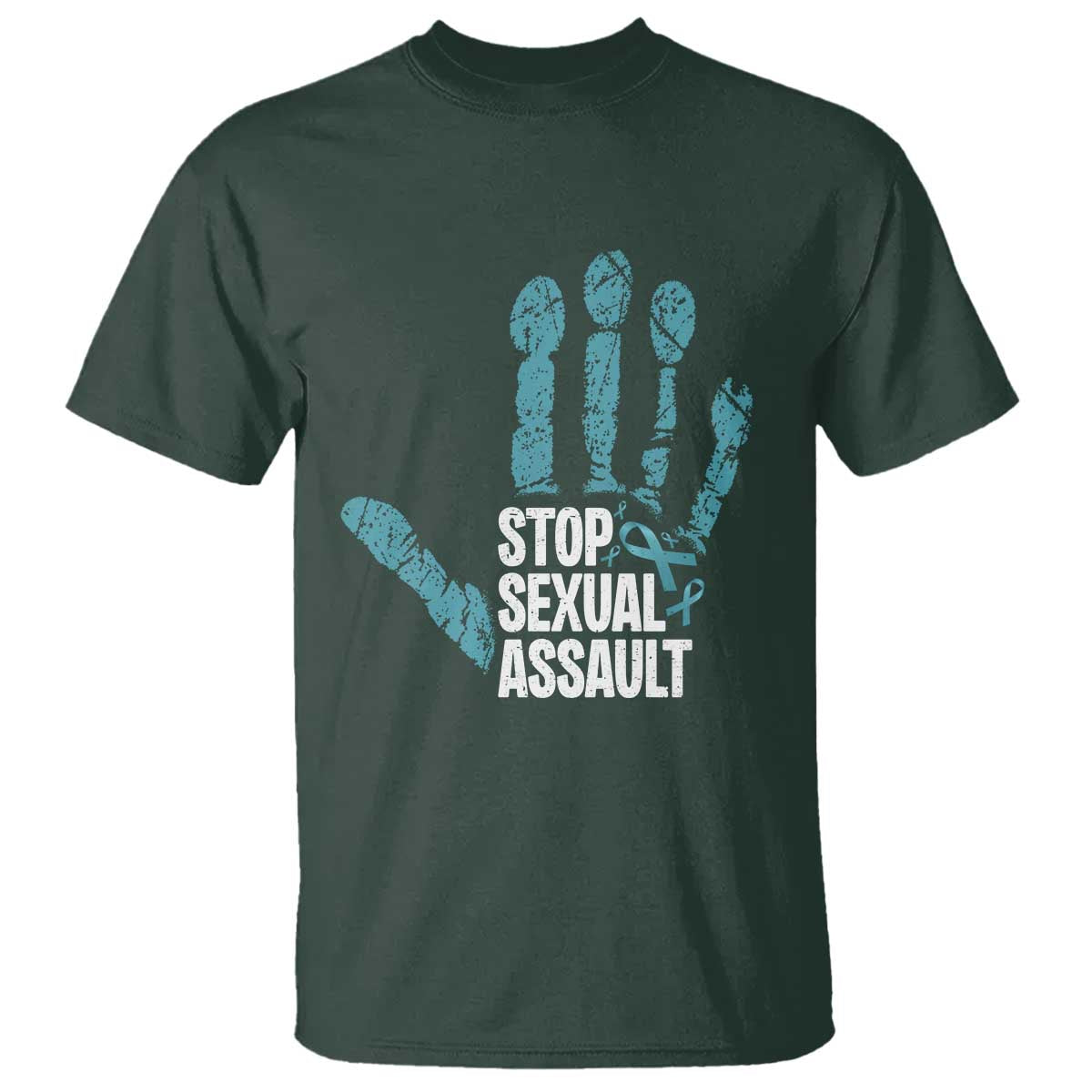 Stop Sexual Assault T Shirt Teal Ribbon Hand TS14 Dark Forest Green Print Your Wear