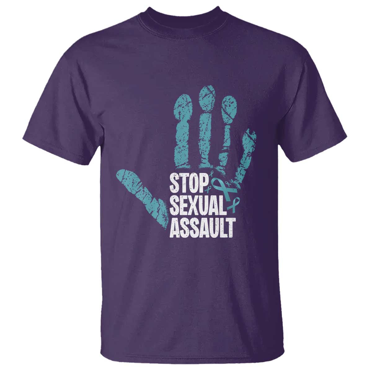 Stop Sexual Assault T Shirt Teal Ribbon Hand TS14 Purple Print Your Wear