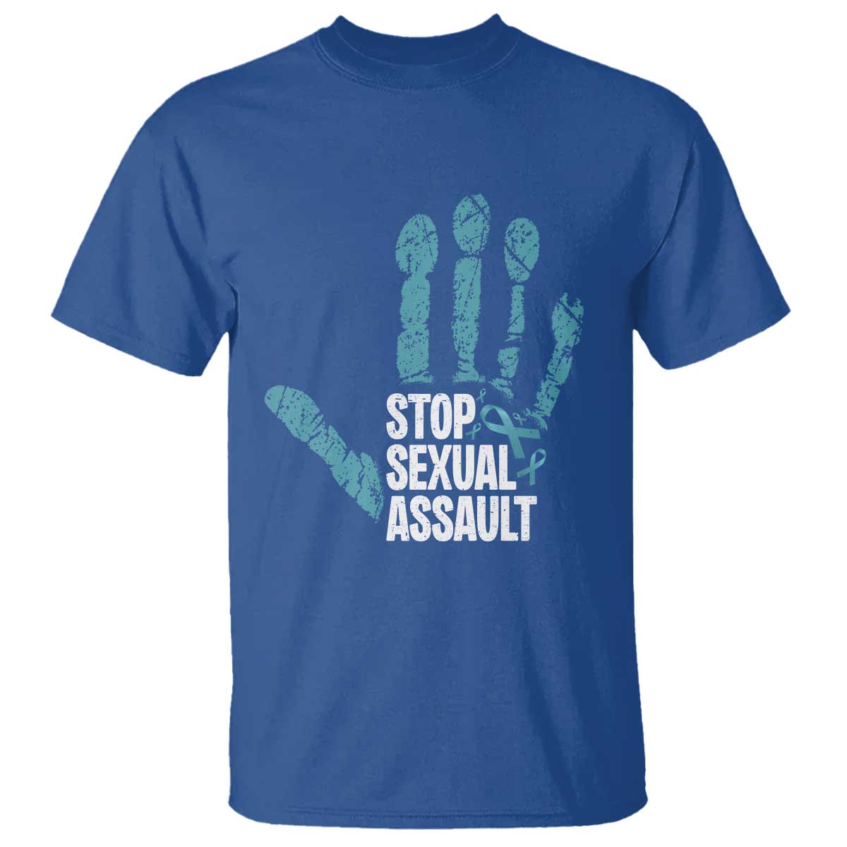 Stop Sexual Assault T Shirt Teal Ribbon Hand TS14 Royal Blue Print Your Wear