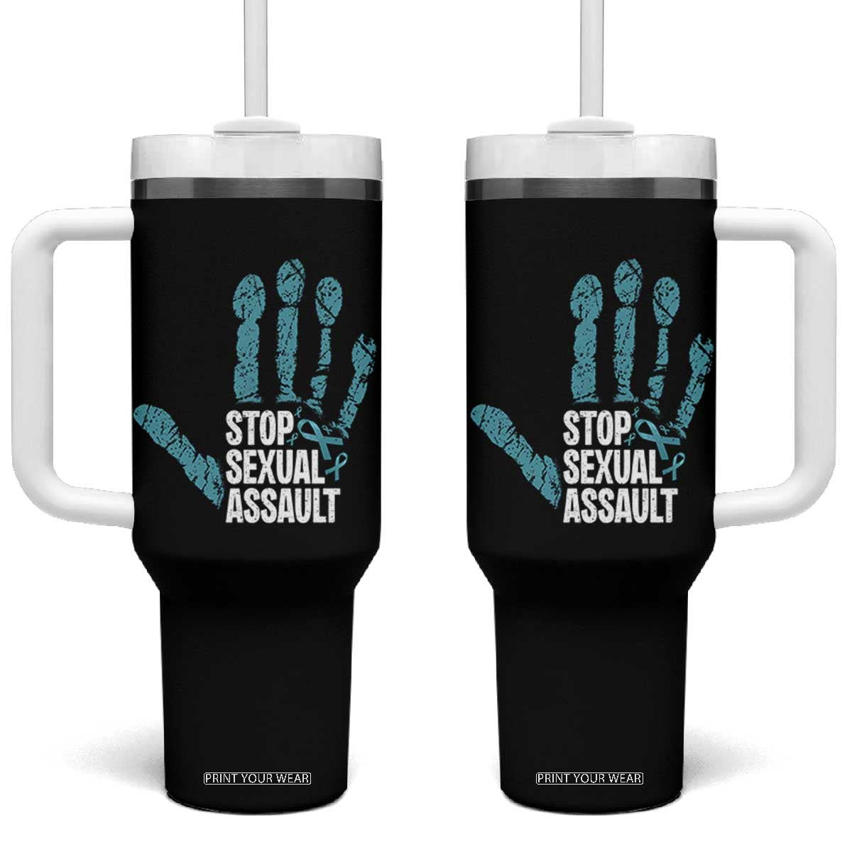 Stop Sexual Assault Tumbler With Handle Teal Ribbon Hand TS14 One Size: 40 oz Black Print Your Wear