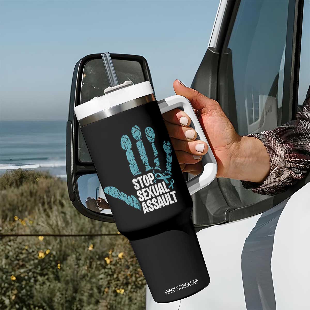Stop Sexual Assault Tumbler With Handle Teal Ribbon Hand TS14 Print Your Wear