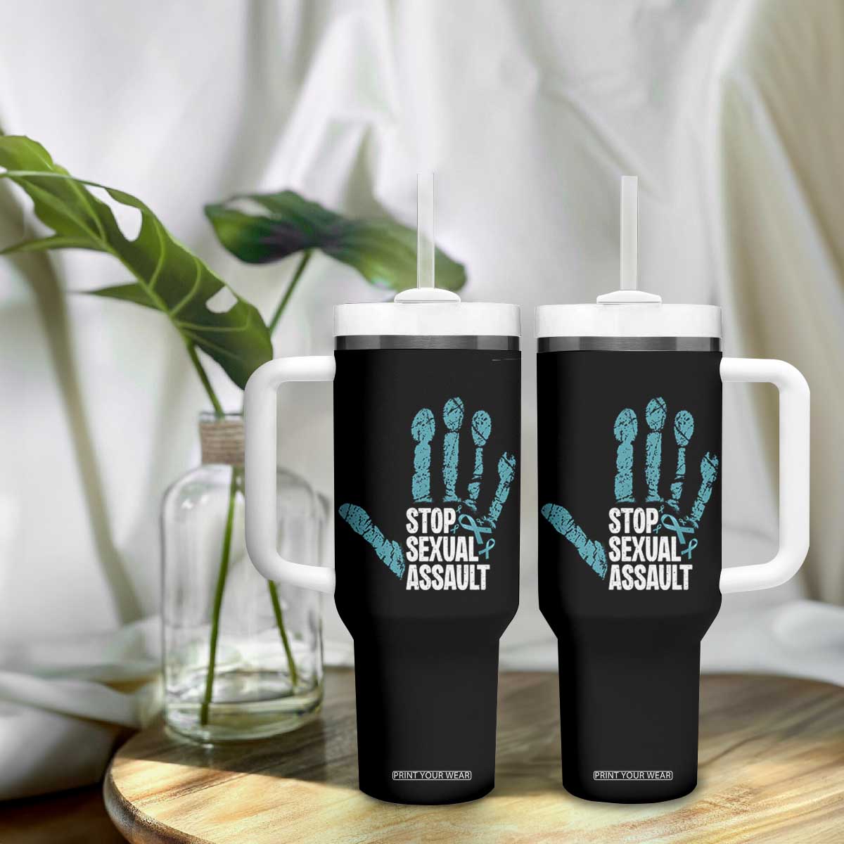 Stop Sexual Assault Tumbler With Handle Teal Ribbon Hand TS14 Print Your Wear