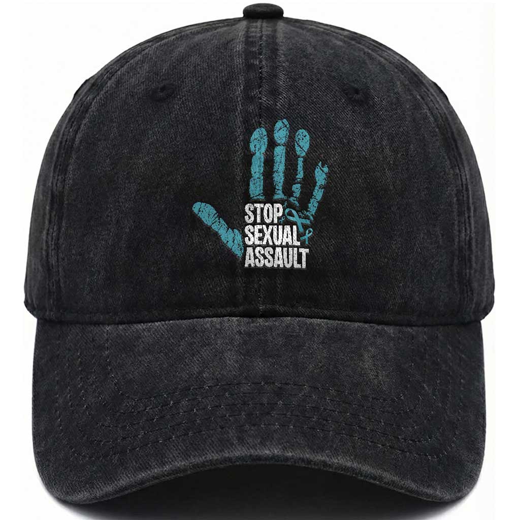 Stop Sexual Assault Washed Cotton Baseball Cap Teal Ribbon Hand TS14 Washed Cap Universal Fit Black Print Your Wear