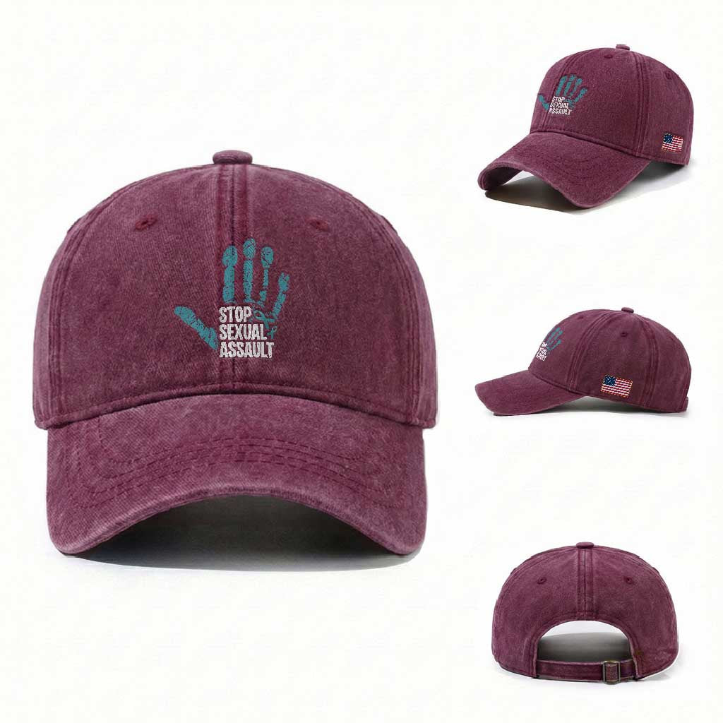 Stop Sexual Assault Washed Cotton Baseball Cap Teal Ribbon Hand TS14 Washed Cap Universal Fit Burgundy Print Your Wear
