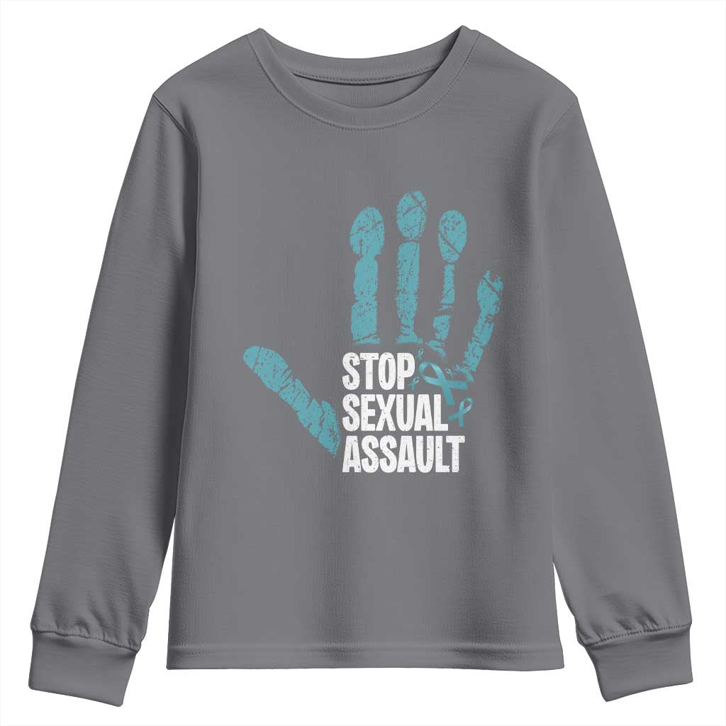 Stop Sexual Assault Youth Sweatshirt Teal Ribbon Hand TS14 Charcoal Print Your Wear