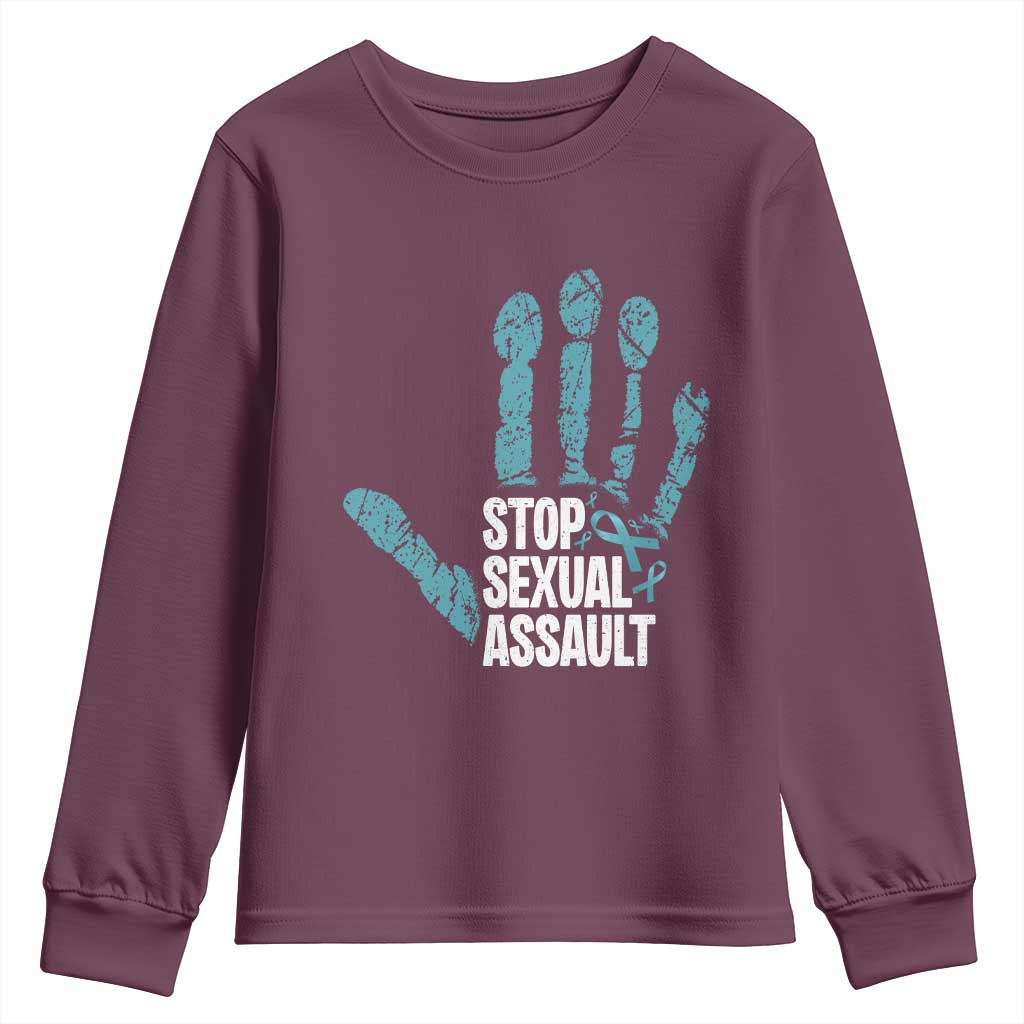 Stop Sexual Assault Youth Sweatshirt Teal Ribbon Hand TS14 Maroon Print Your Wear