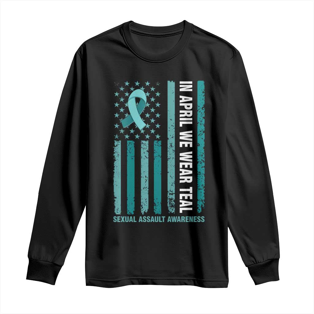 Sexual Assault Awareness American Flag Long Sleeve Shirt In April We Wear Teal Ribbon TS14 Black Print Your Wear