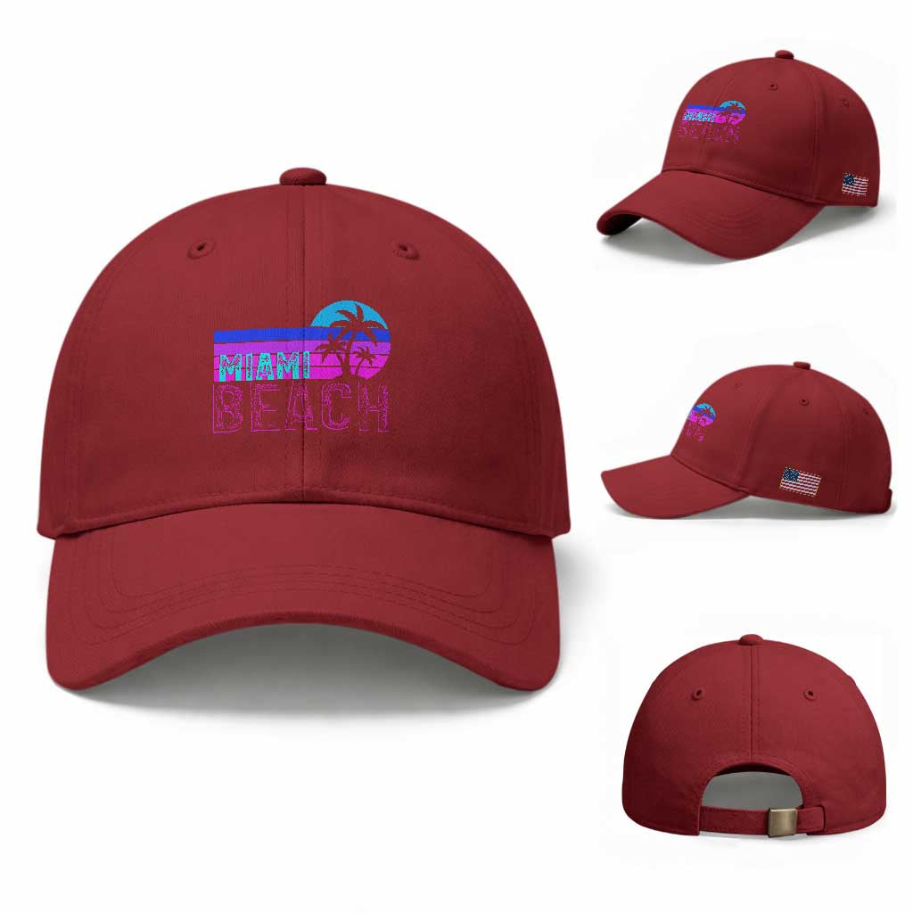 Vintage Miami Beach Baseball Cap Florida Proud Floridian Retro Palms Trees TS14 Baseball Cap Universal Fit Cherry Red Print Your Wear