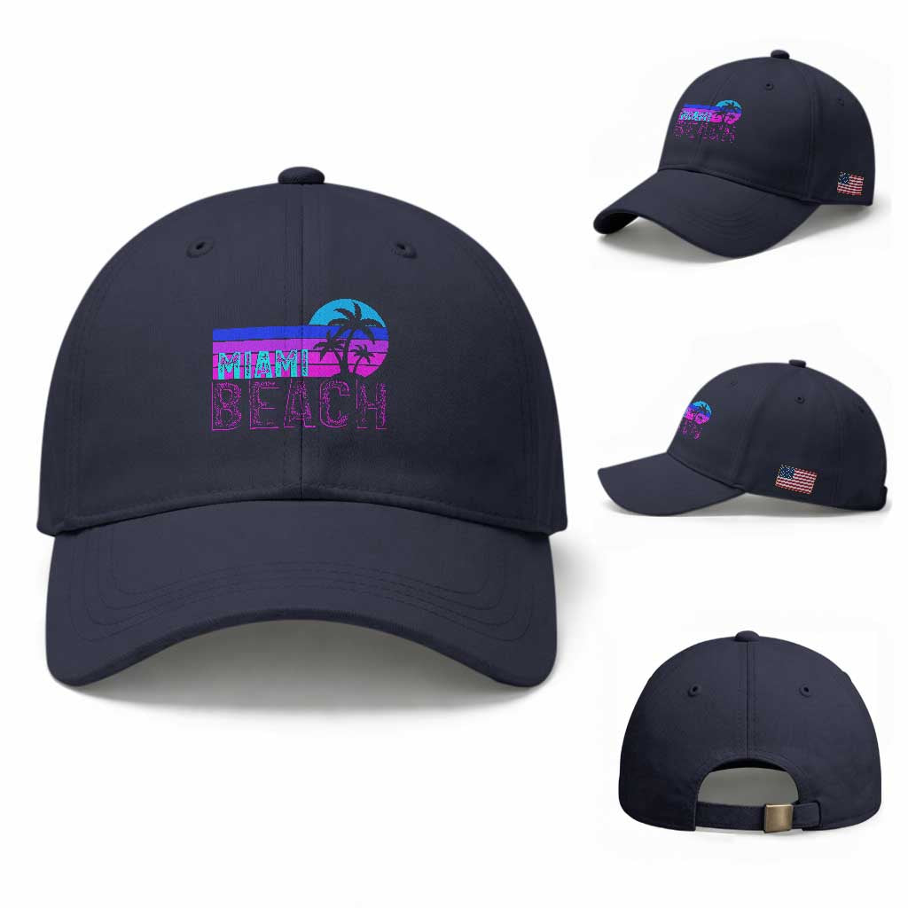 Vintage Miami Beach Baseball Cap Florida Proud Floridian Retro Palms Trees TS14 Baseball Cap Universal Fit Navy Print Your Wear