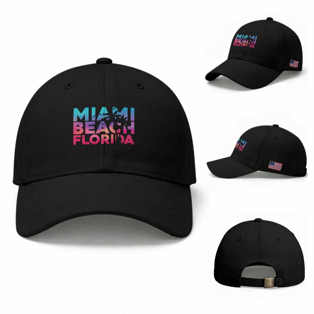 Miami Beach Florida Proud Baseball Cap Floridian Retro Palms Trees TS14 Baseball Cap Universal Fit Black Print Your Wear