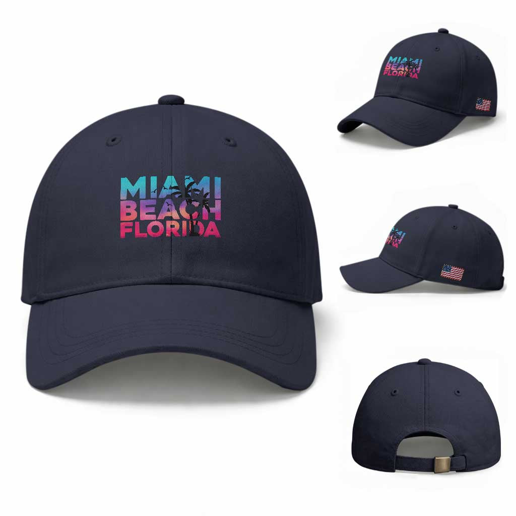 Miami Beach Florida Proud Baseball Cap Floridian Retro Palms Trees TS14 Baseball Cap Universal Fit Navy Print Your Wear