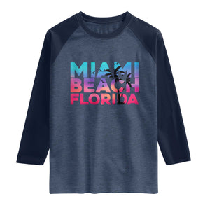 Miami Beach Florida Proud Raglan Shirt Floridian Retro Palms Trees TS14 Heather Denim Navy Print Your Wear