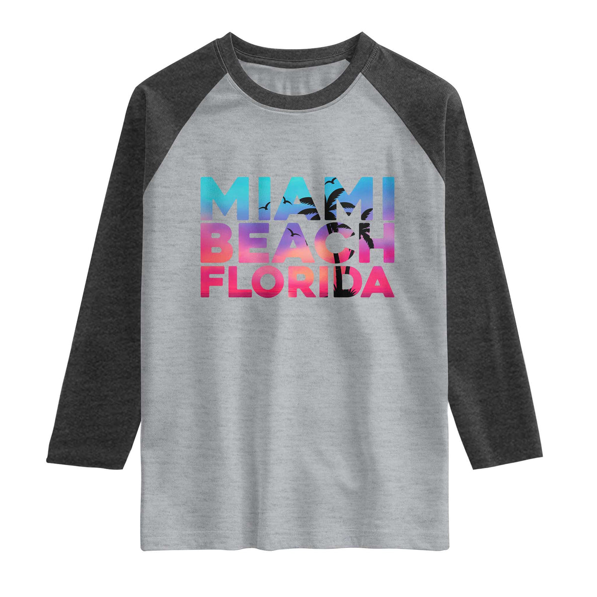 Miami Beach Florida Proud Raglan Shirt Floridian Retro Palms Trees TS14 Heather Gray Heather Charcoal Print Your Wear
