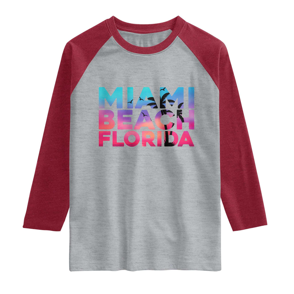 Miami Beach Florida Proud Raglan Shirt Floridian Retro Palms Trees TS14 Heather Gray Heather Red Print Your Wear
