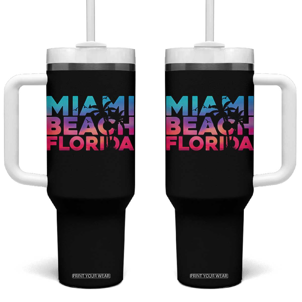 Miami Beach Florida Proud Tumbler With Handle Floridian Retro Palms Trees TS14 One Size: 40 oz Black Print Your Wear