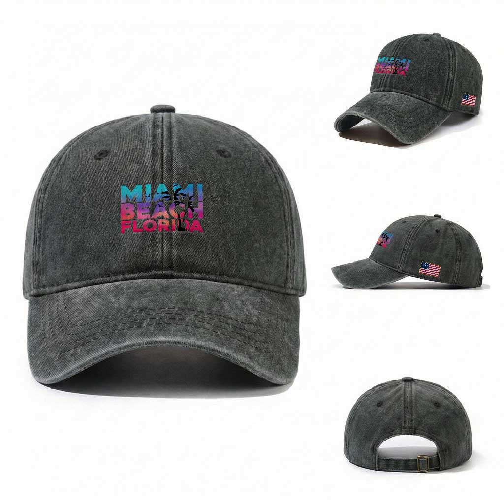 Miami Beach Florida Proud Washed Cotton Baseball Cap Floridian Retro Palms Trees TS14 Washed Cap Universal Fit Dark Green Print Your Wear