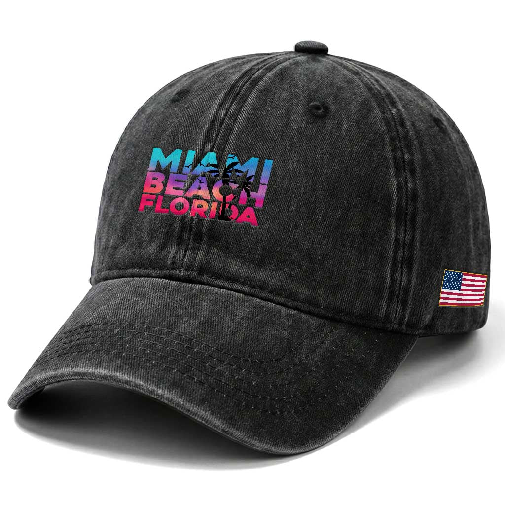 Miami Beach Florida Proud Washed Cotton Baseball Cap Floridian Retro Palms Trees TS14 Print Your Wear