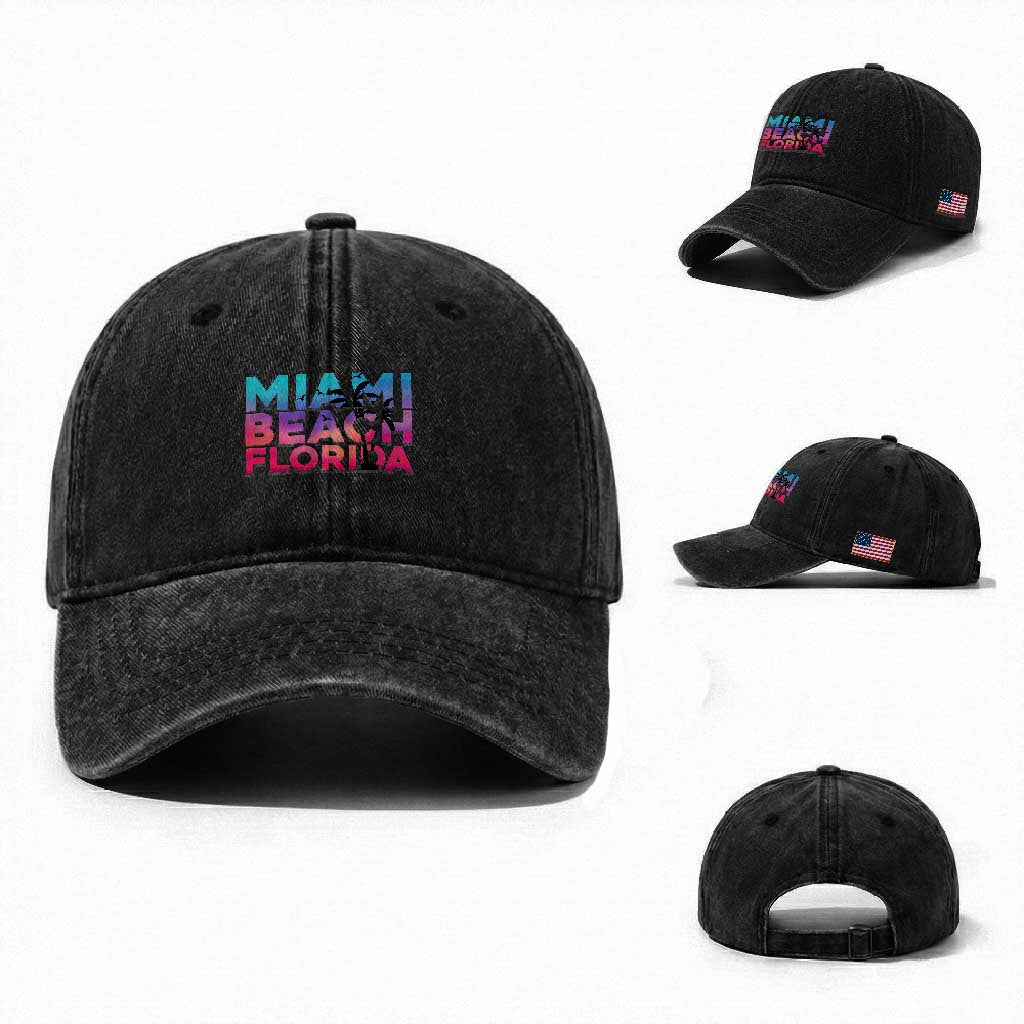 Miami Beach Florida Proud Washed Cotton Baseball Cap Floridian Retro Palms Trees TS14 Washed Cap Universal Fit Black Print Your Wear