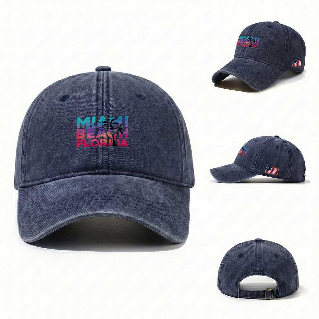 Miami Beach Florida Proud Washed Cotton Baseball Cap Floridian Retro Palms Trees TS14 Washed Cap Universal Fit Navy Print Your Wear