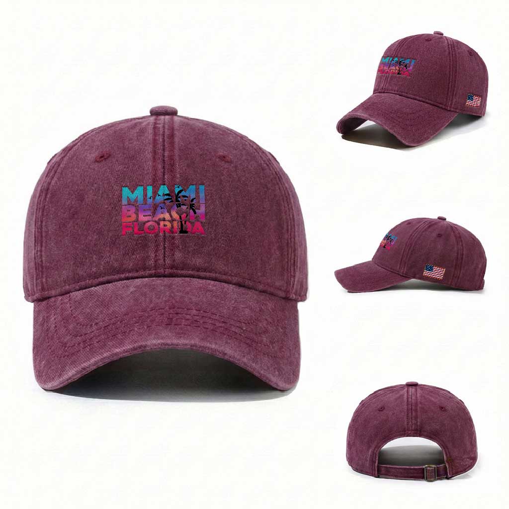 Miami Beach Florida Proud Washed Cotton Baseball Cap Floridian Retro Palms Trees TS14 Washed Cap Universal Fit Burgundy Print Your Wear