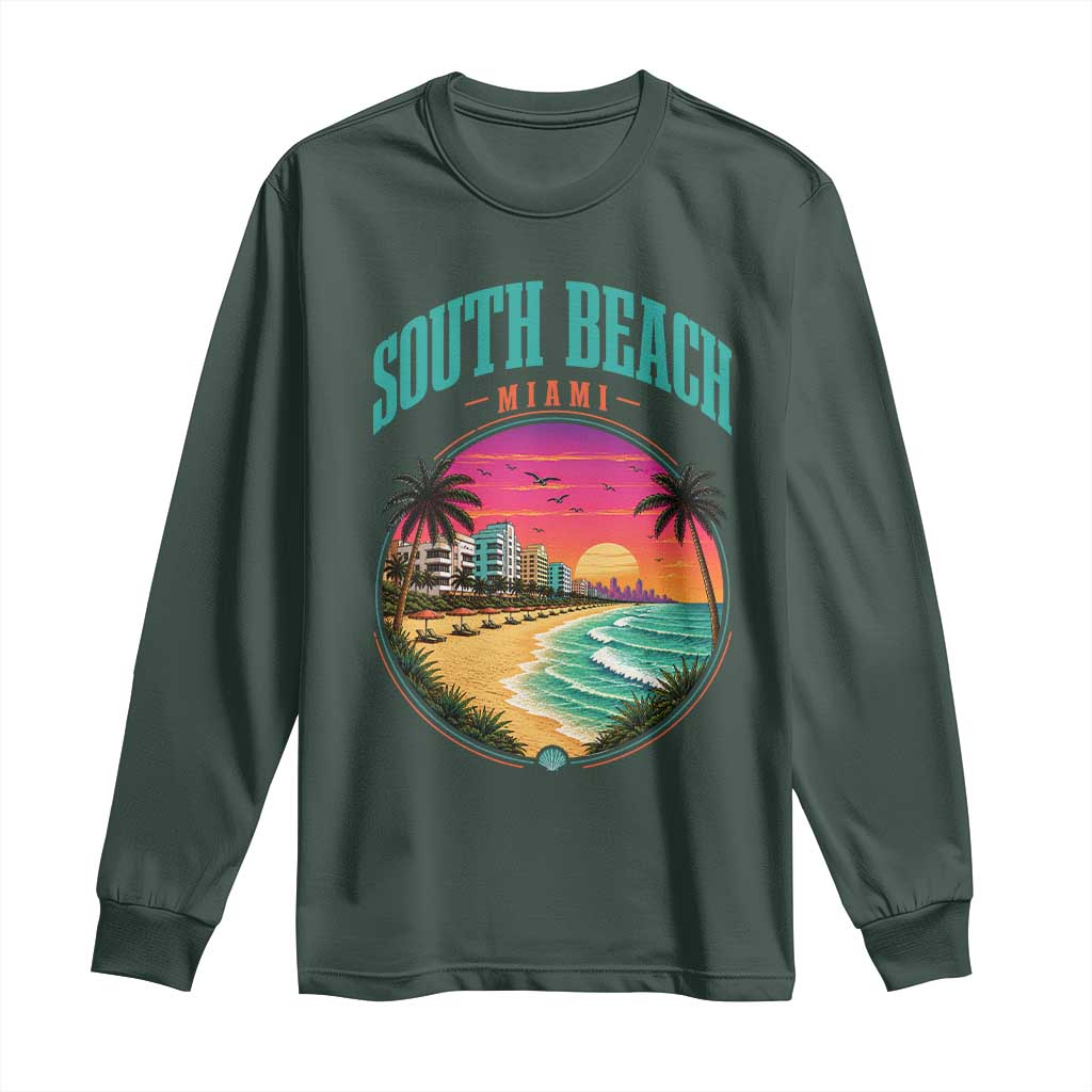 South Beach Miami Long Sleeve Shirt Retro Florida USA Souvenir Gift TS14 Dark Forest Green Print Your Wear