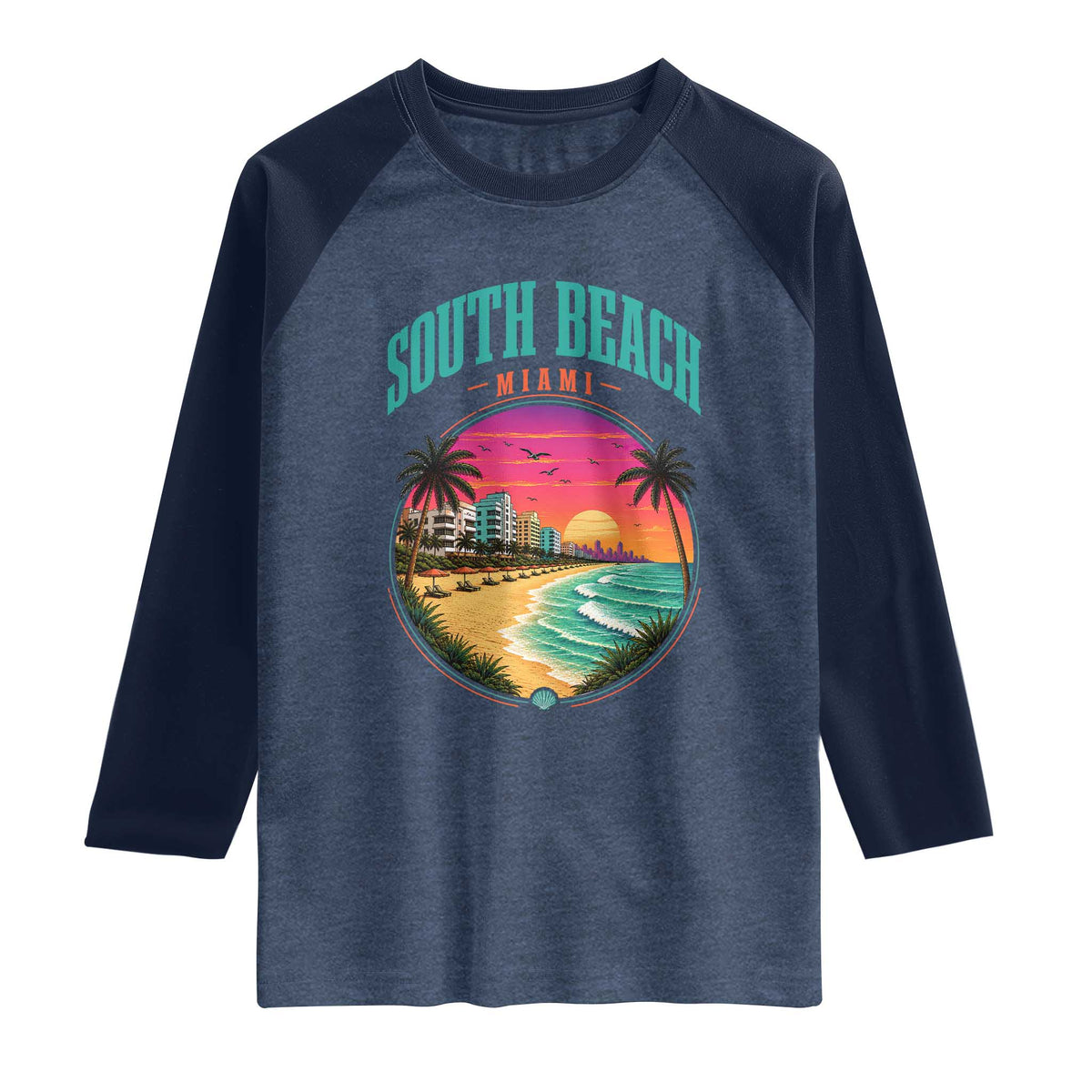 South Beach Miami Raglan Shirt Retro Florida USA Souvenir Gift TS14 Heather Denim Navy Print Your Wear